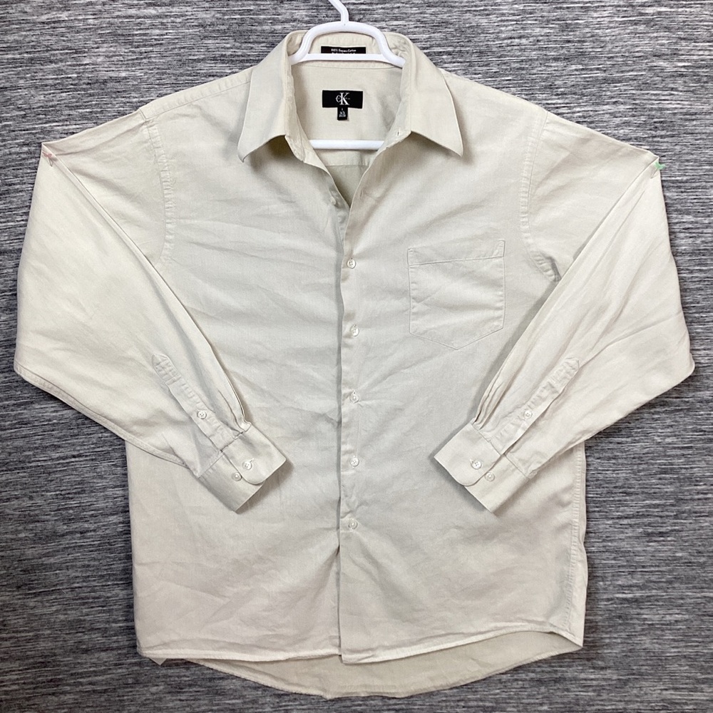 Calvin Klein Men’s Biege Button Down Long Sleeve Collared Dress Shirt 👔